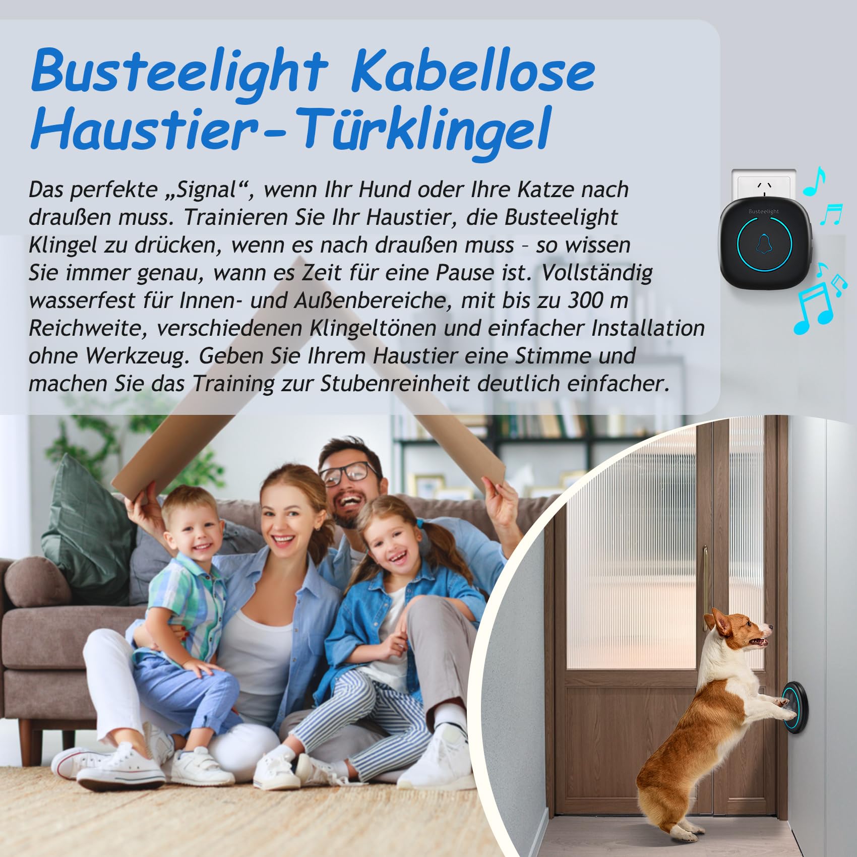 A6 Blk Katzen- & Hundeklingel für Tür – Kabellose Haustier-Türklingel, 300 m Reichweite, 60 Melodien, LED-Signal, Wasserdicht, Buzzer für Hund & Katze (1 Klingeltaster + 1 Empfänger)