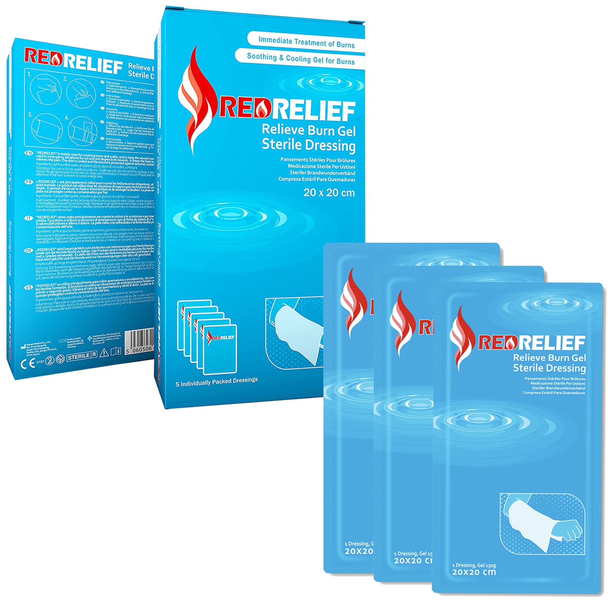 RedRelief Pack of 5 Emergency 20x20cm Burn Dressing - cools, soothes and relieves pain