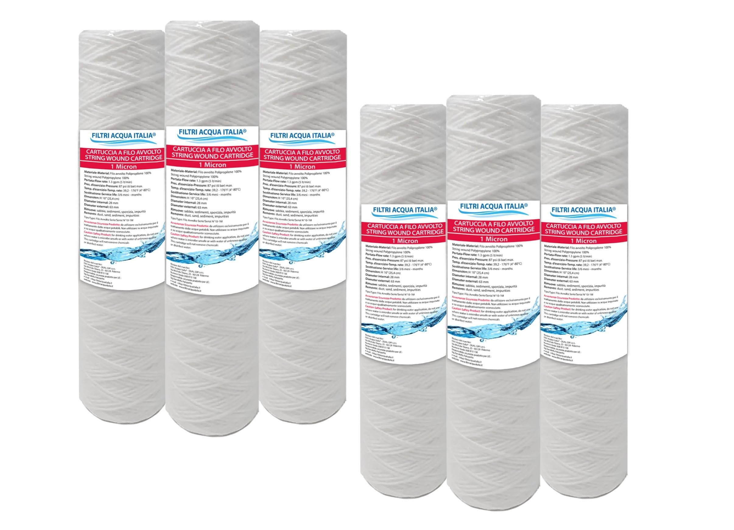 CARTUCCIA FILTRO FILO AVVOLTO 10 POLLICI MICRON 1 POLIPROPILENE SEDIMENTI SET 6 PEZZI