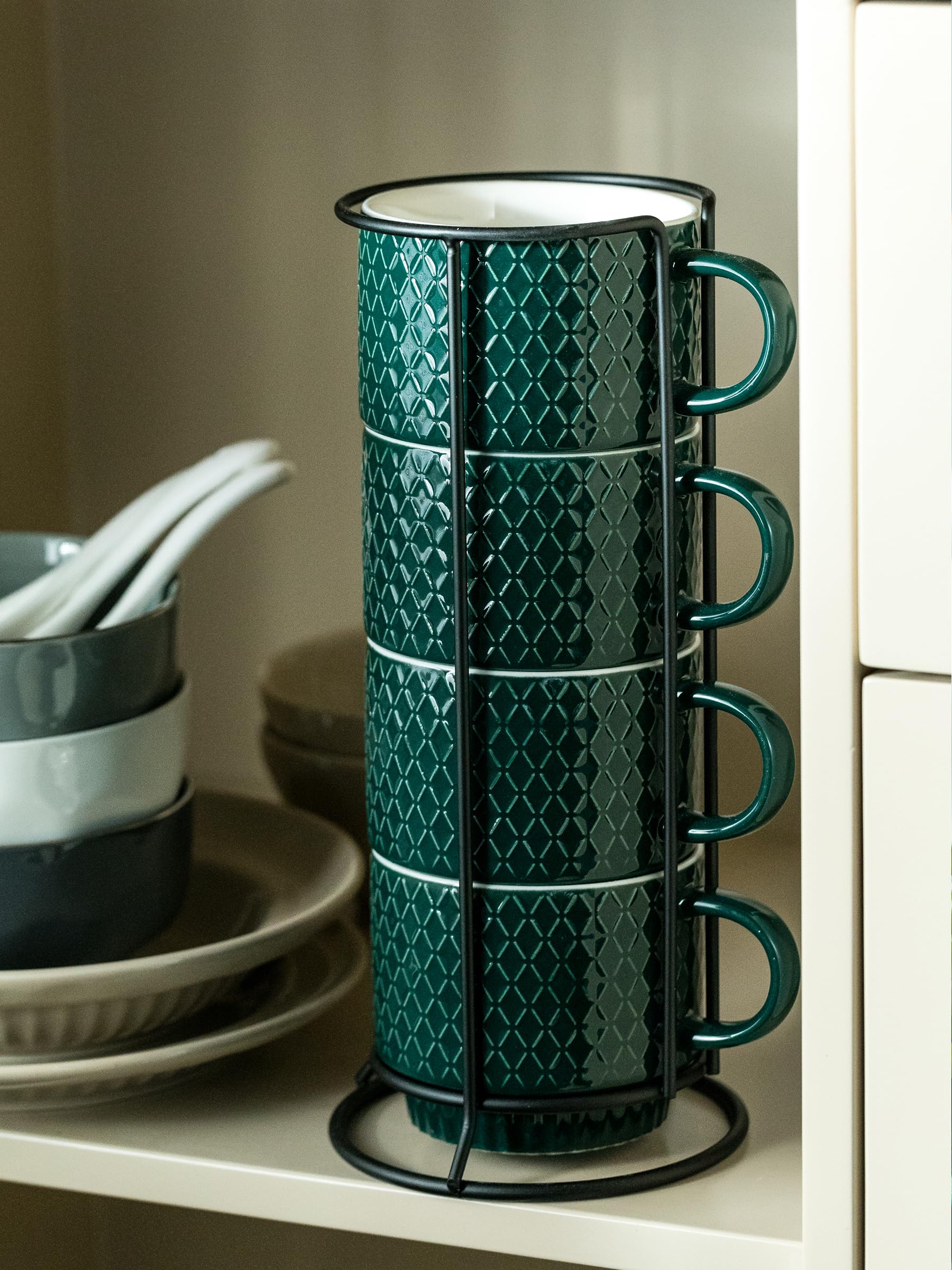 LYEOBOH Stapelbare Porzellan-Kaffeetassen mit Ständer und Löffeln, Cappuccino-Tasse, 330 ml, Demitasse-Tassen für Getränke, Espresso, Latte, 4 Stück, Dunkelgrün