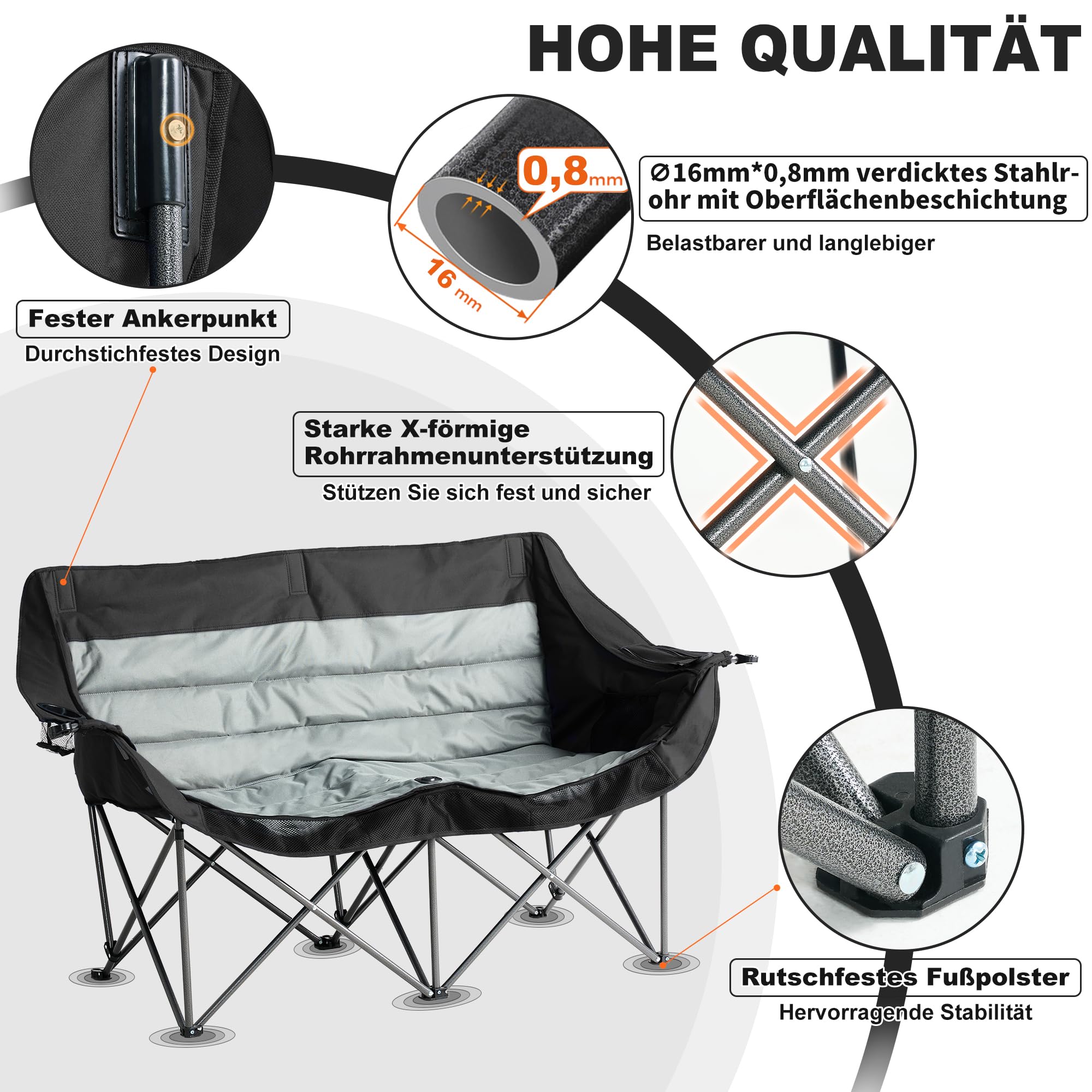 Coolfish Doppel Campingstuhl Faltbar, Klappstuhl Campingsofa für 2 Personen, Bequemes 2 Sitzer Camping Sofa mit Getränkehalter, Stabiler Outdoor Campingcouch Angelstuhl mit Kühltasche, Schwarz