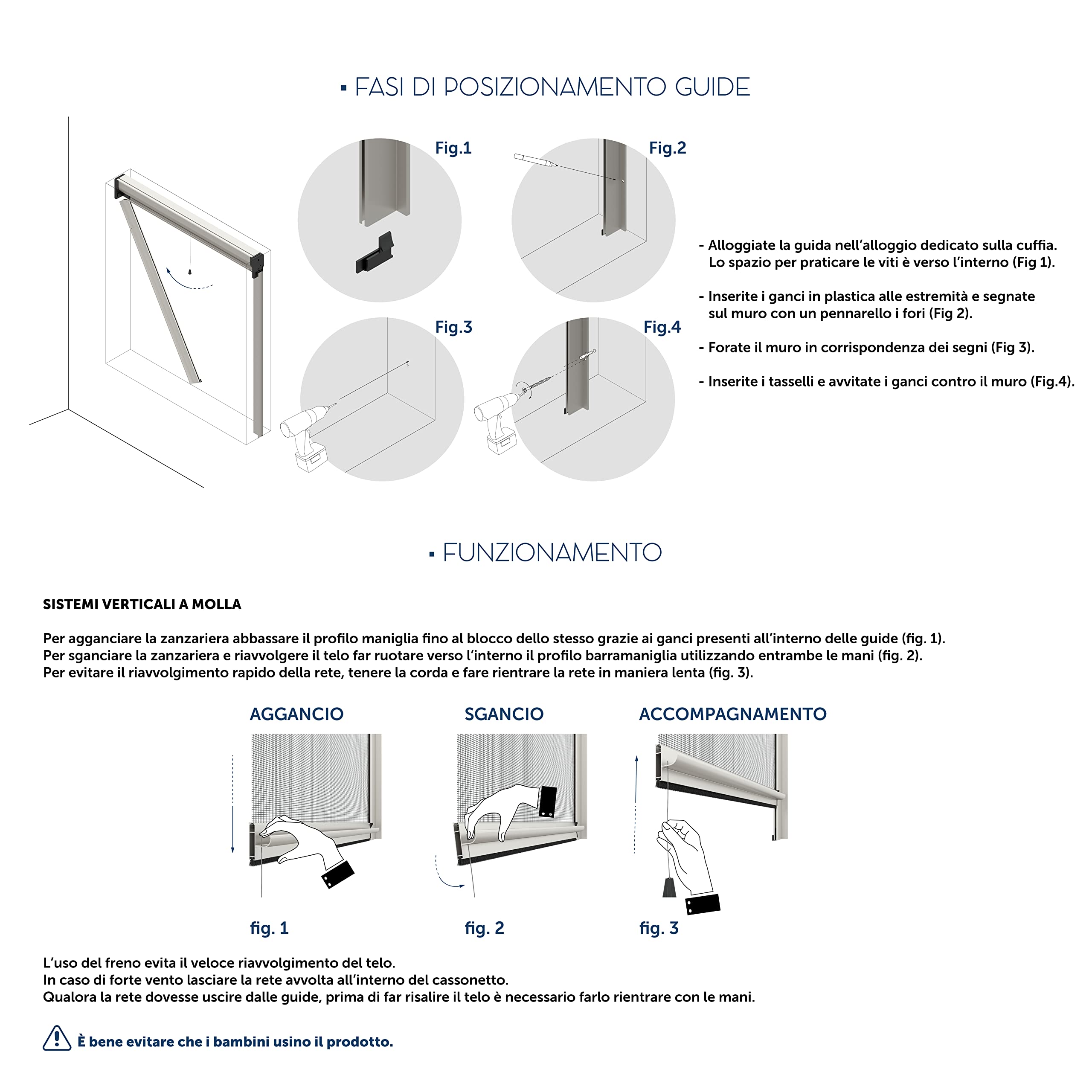 Zanzariera verticale 50 mm per finestre su misura personalizzabile a molla antivento telaio con profilo robusto e resistente in alluminio Made in Italy Noce Scuro