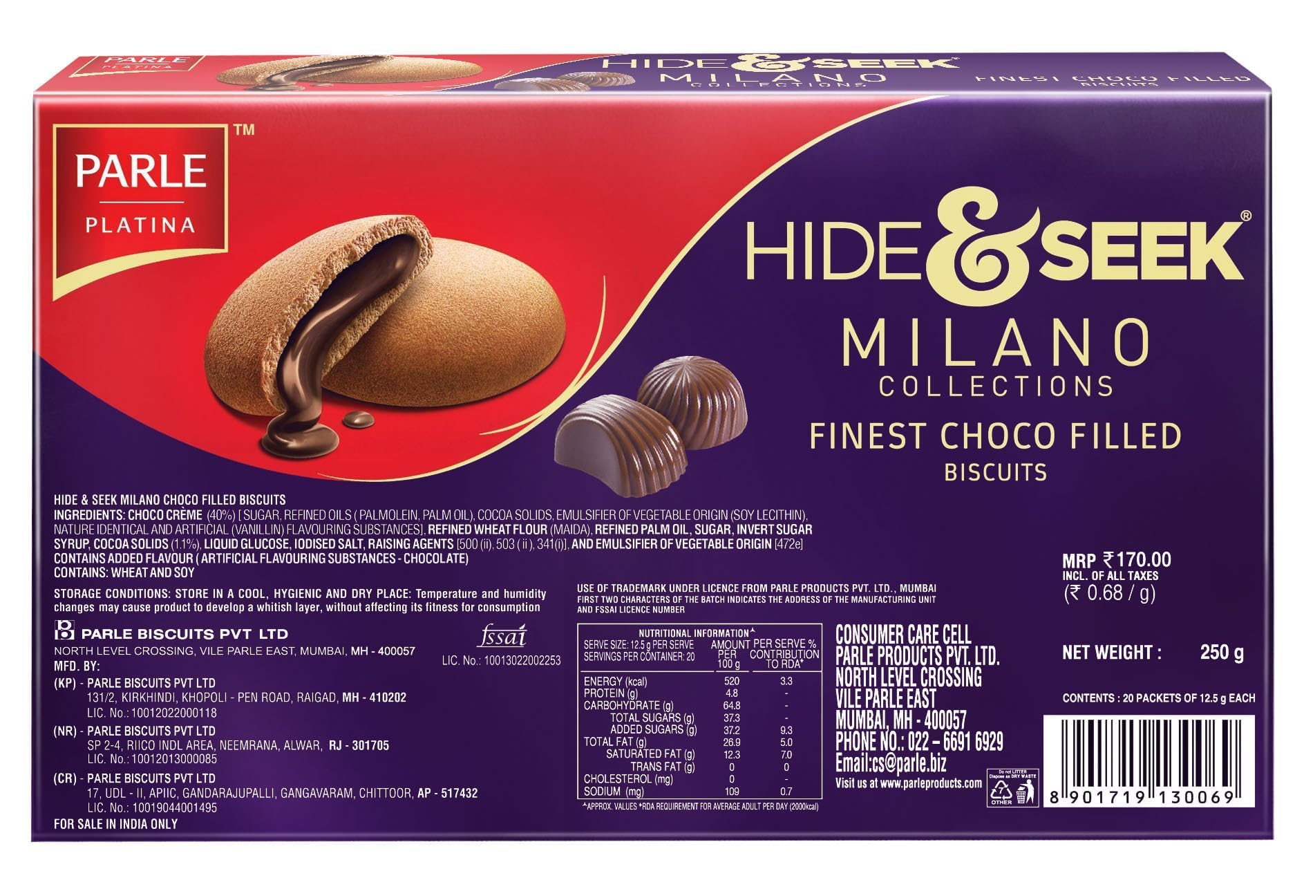 Parle Platina Parle Hide & Seek Milano Center Filled Regular Chocolate 250 G/200 G (Weight May Vary) 1