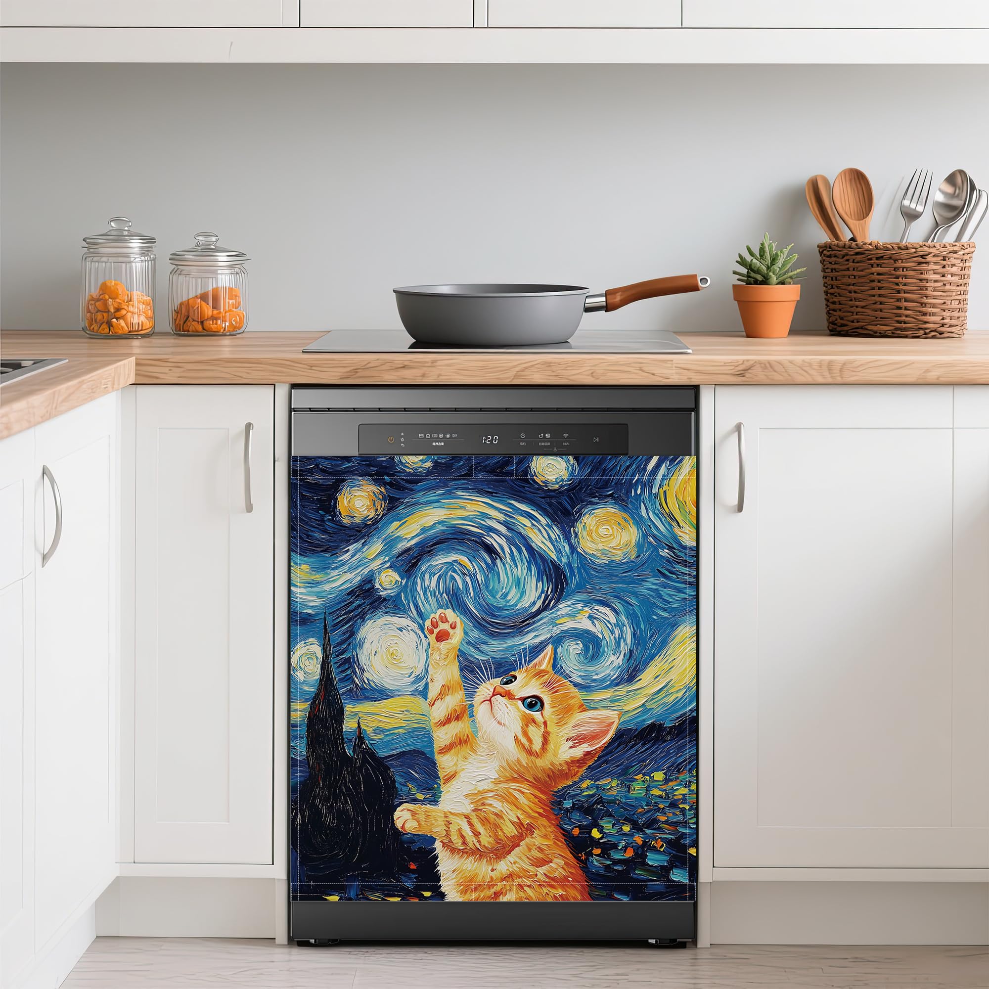Cute Cat Dishwasher Magnets Decorative Cover,Blue Starry Night Waterproof Magnetic Dishwasher Cover Panel,Refrigerator Magnet Cover for Kitchen Home Decor 23x26 Inch