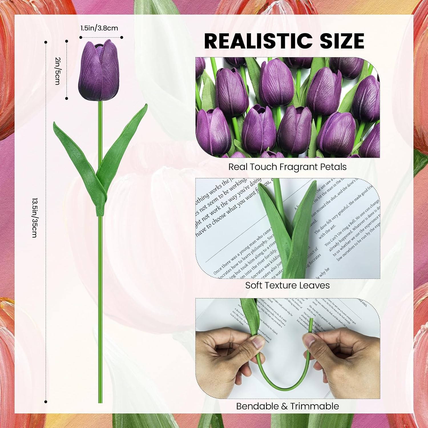 30 PCS Artificial Tulips Real Touch Tulips 13.5inch Long Stem Fake Flowers Silk Flowers for Spring Easter Mother's Day Decorations（Dark Purple）