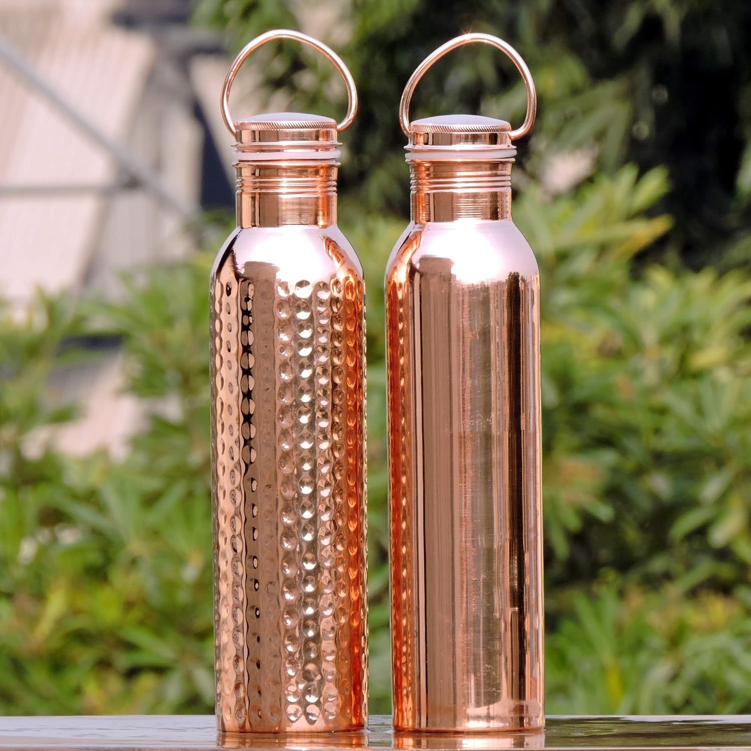 Set of Plain and Hammered Copper Water Bottle with Handle, 600 Ml (20.28 US Fl Oz) For Ayurveda Health Benefits