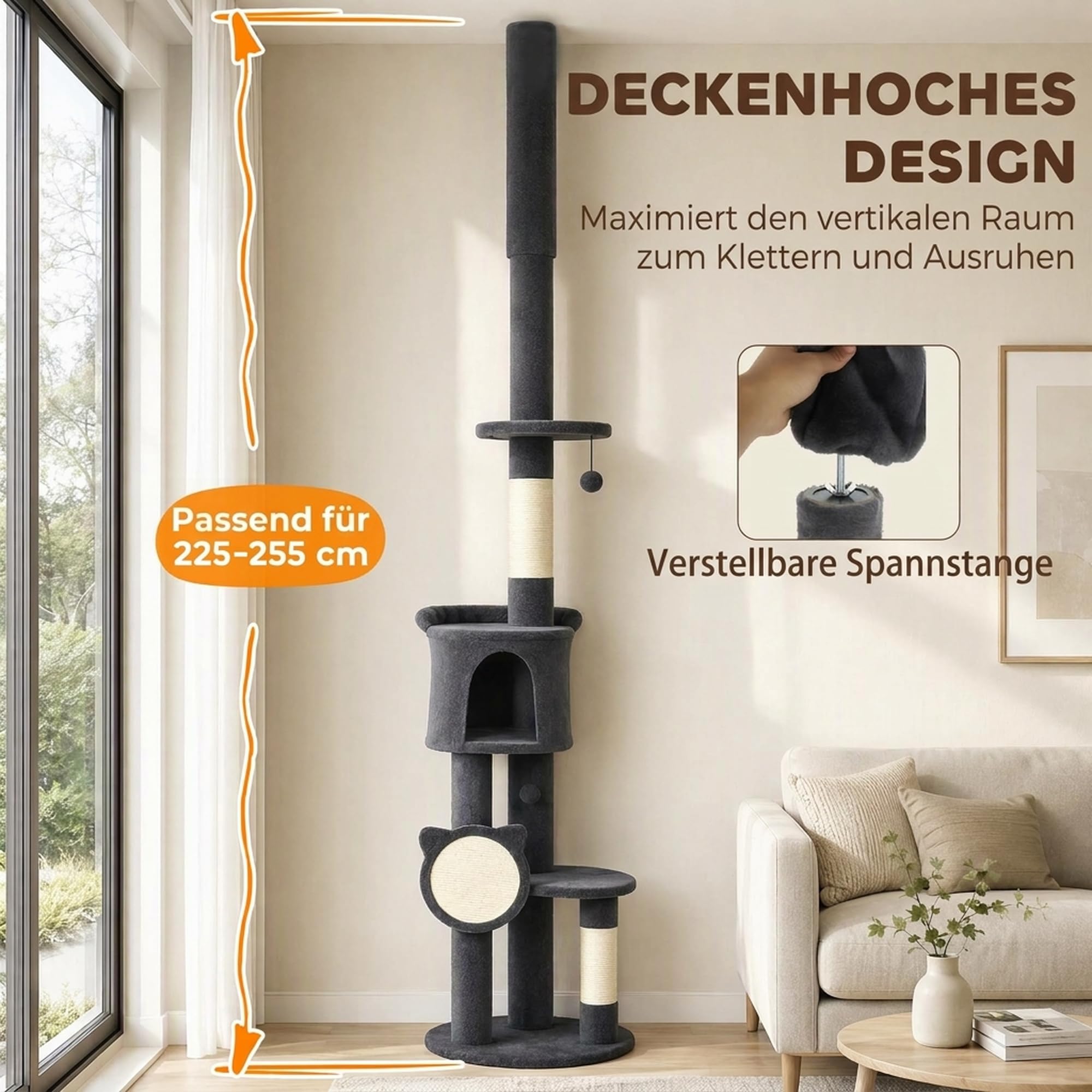 PawHut Drapak o wysokości sufitu 225-255 cm, z regulacją wysokości, 5