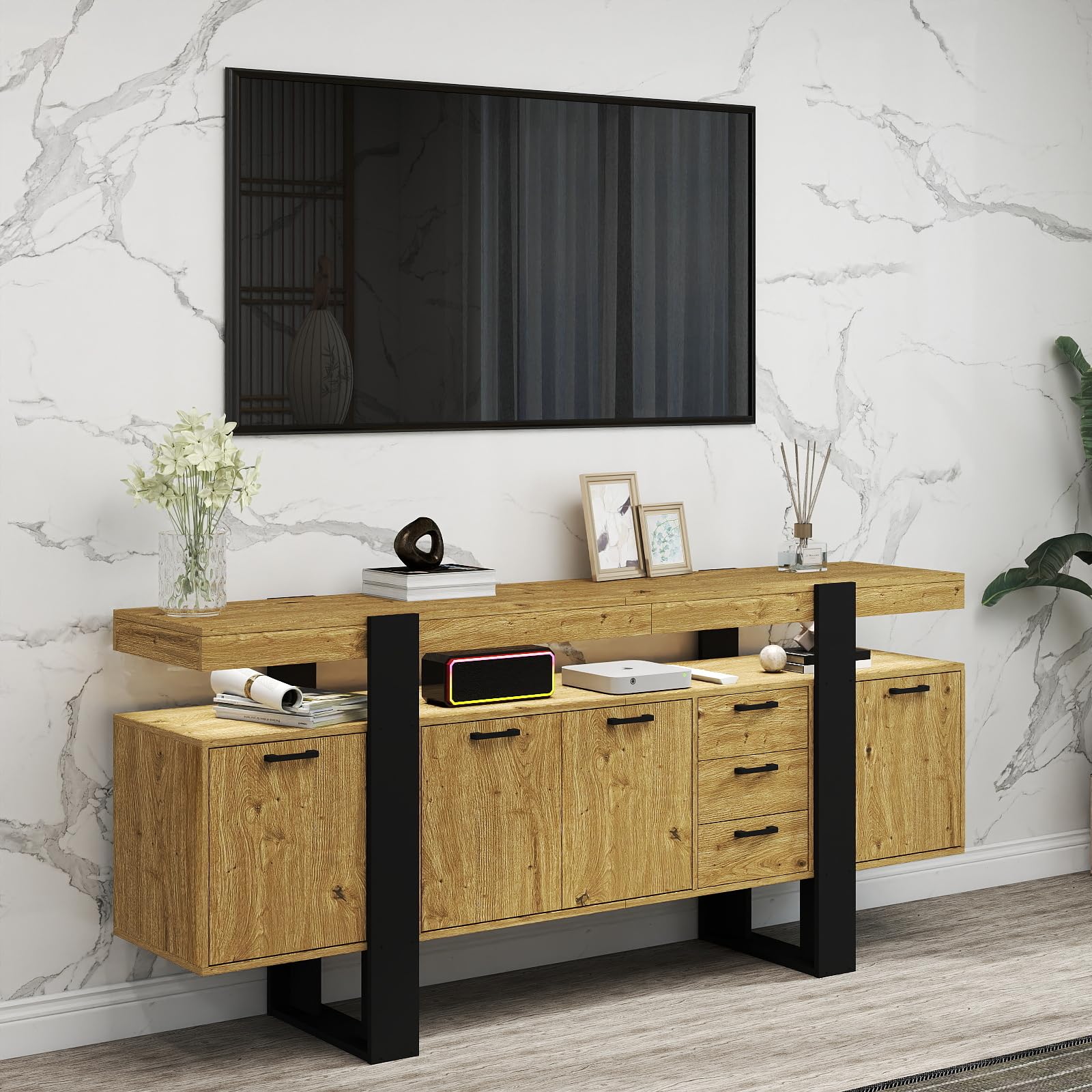 Mueble TV 180cm - Mueble TV Estilo Industrial, Muebles de Salon con 2 Cajones y 2 Puertas Armario, con Luces LED, Estructura Imitación Roble+Marco Negro, apto para Salón/Dormitorio 180x40x80cm