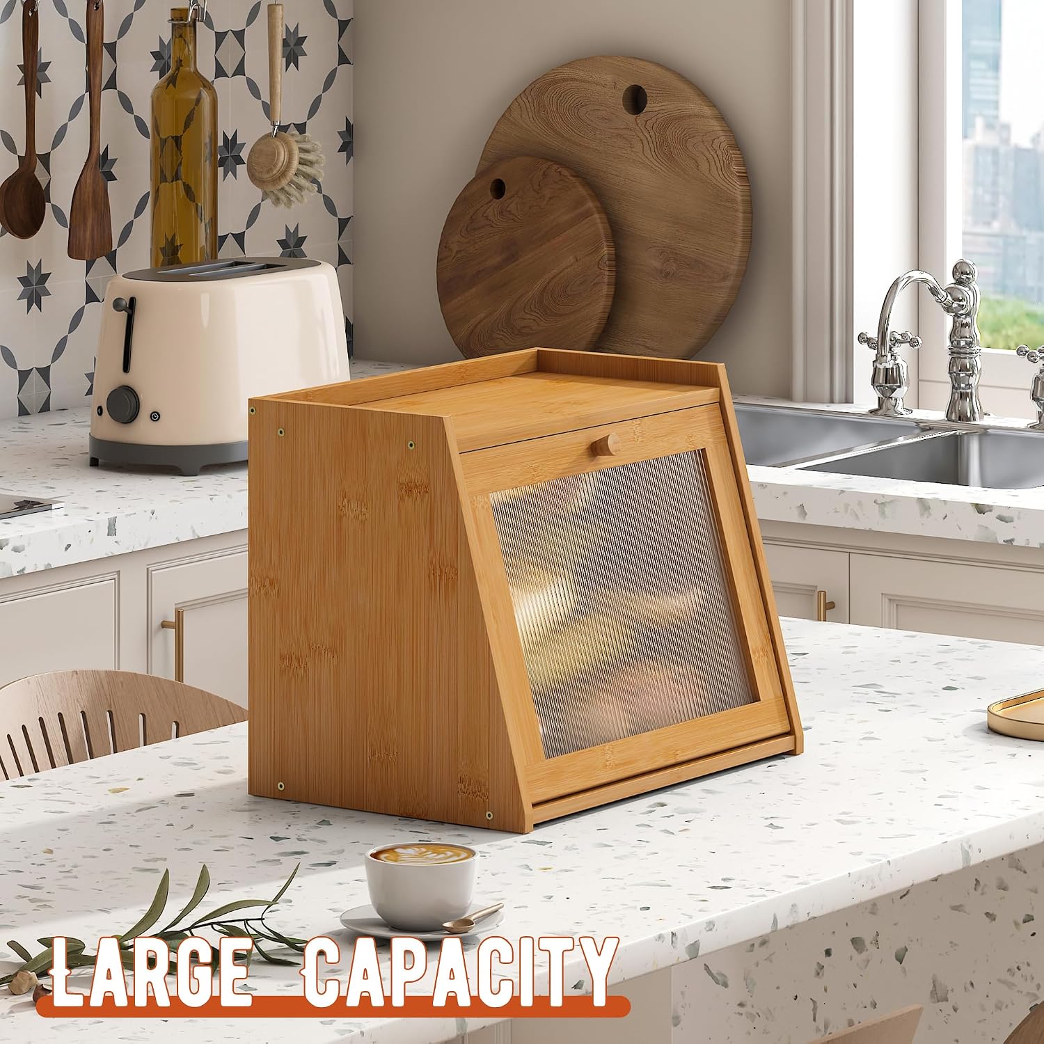 GHWIE Large Bread Box, Easy Access & Cleaning - Bamboo Bread Box for Kitchen Countertop with Acrylic Door (Natural, Large) image 5