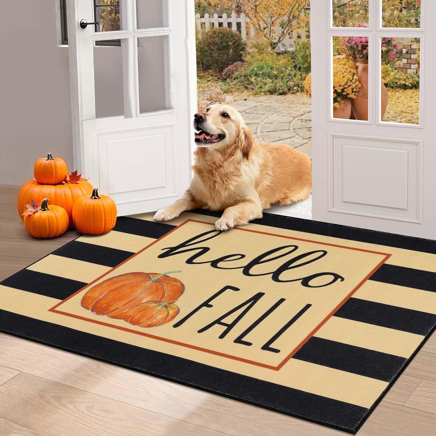 HEBE Fall Door Mat, 32"x48" Pumpkin Welcome Doormat, Non Slip Buffalo Plaid Front Door Mats for Indoor Outdoor Autumn Harvest Thanksgiving Farmhouse Low Profile Entryway Doormats Washable