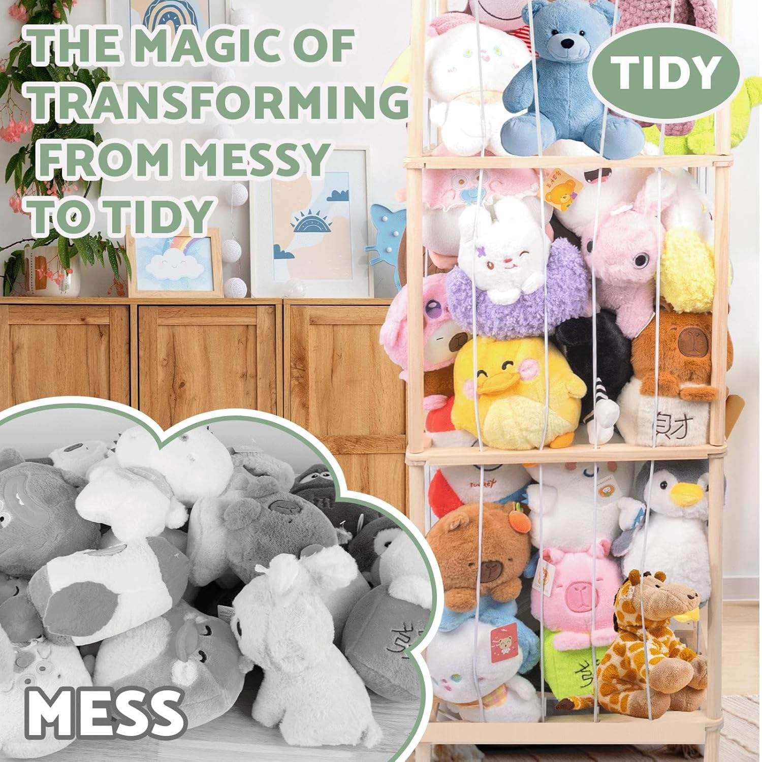 NEWFUN Range Peluche, Rangement en Bois pour Peluches, Grande Capacité, Peu Encombrant, Adapté aux Chambres d'enfants, Salles de Jeux et Chambres à Coucher