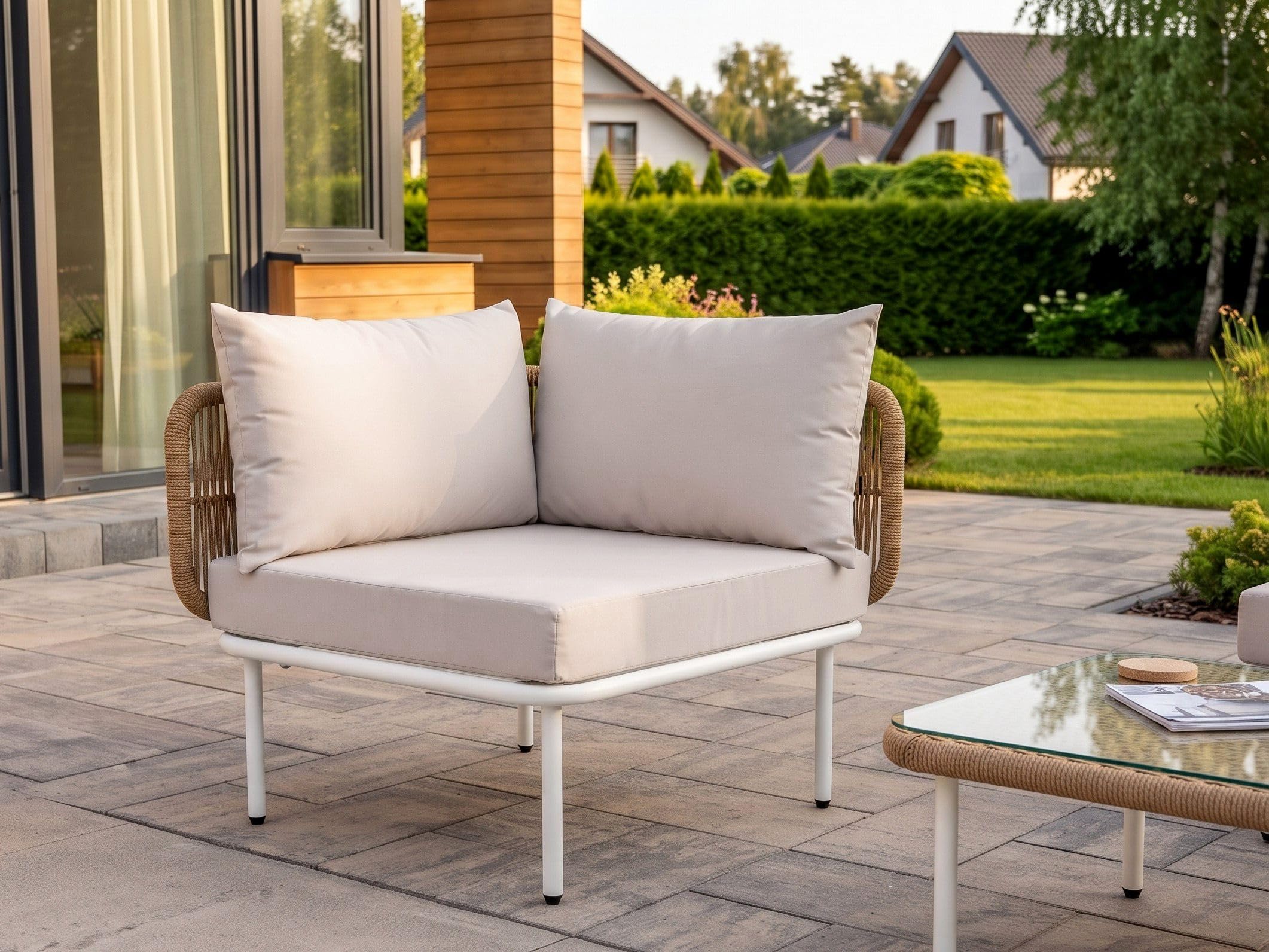 Beliani Module d'angle de Jardin Moderne en Métal et Rotin PE et Tissu Mobilier d'Extérieur Terrasse Beige Clair Baucina