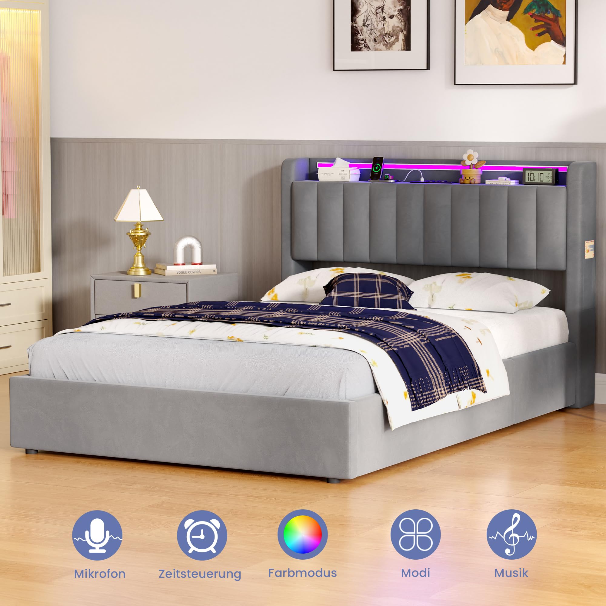 Letto imbottito, 140 x 200 cm, letto matrimoniale con vano segreto, letto portaoggetti