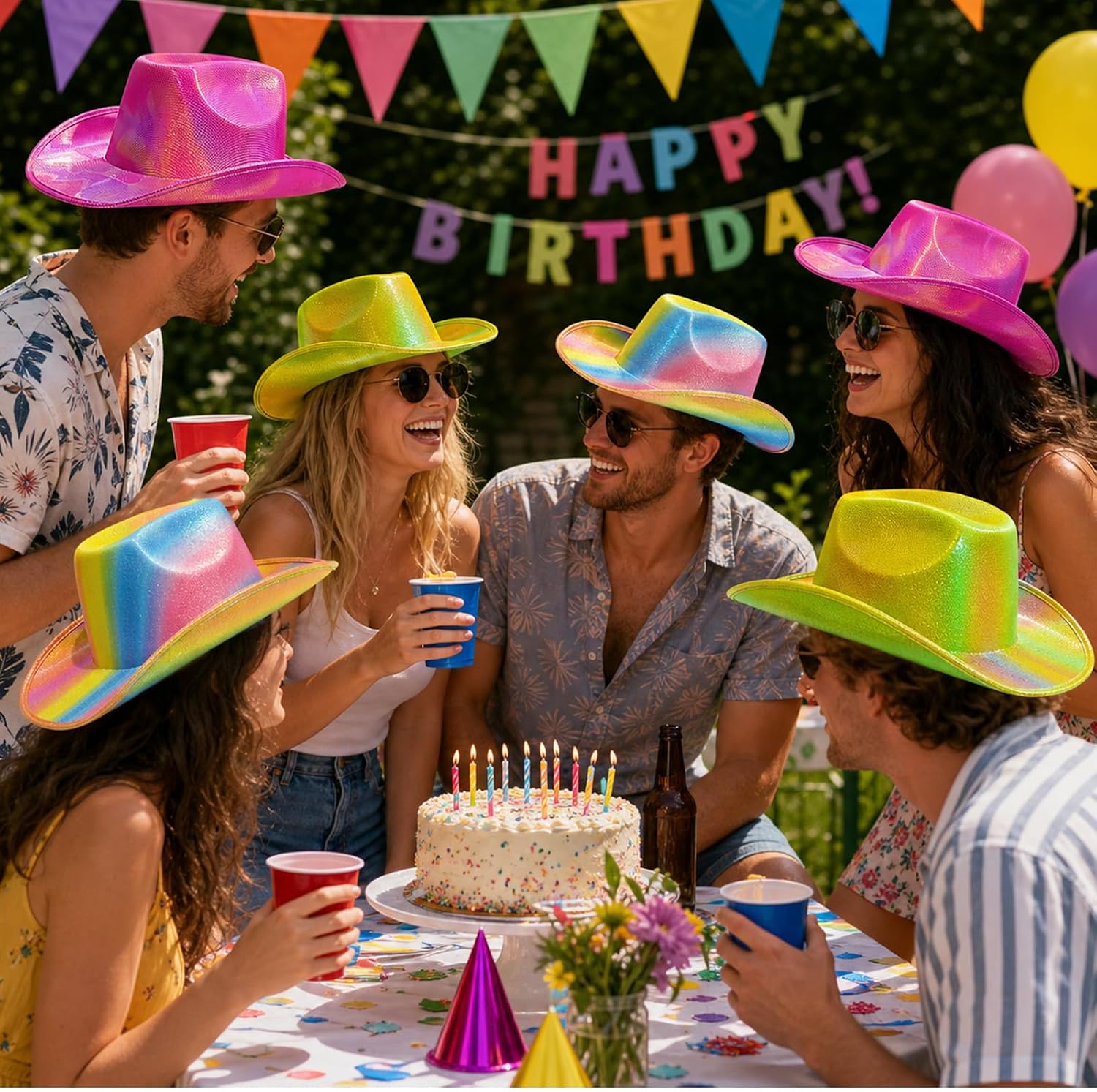 6Pcs Space Cowgirl Hat Set Neon Sparkly Cowboy Hats Pink Yellow Party | Holographic Pink Yellow Cowboy Hats Space Cowgirl Western Party Rave Disco Festival Concert Costume Photo Outfit