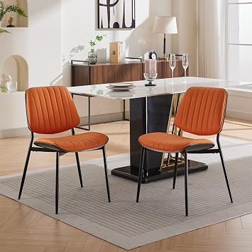 HUIMO Dining Chairs Set of 2, Mid Century Modern Upholstered Faux Leather Chair with Walnut Bentwood, Retro Seat Metal Legs Adjustable Foot for Kitchen Dining Room Chairs Orange, Set of 2