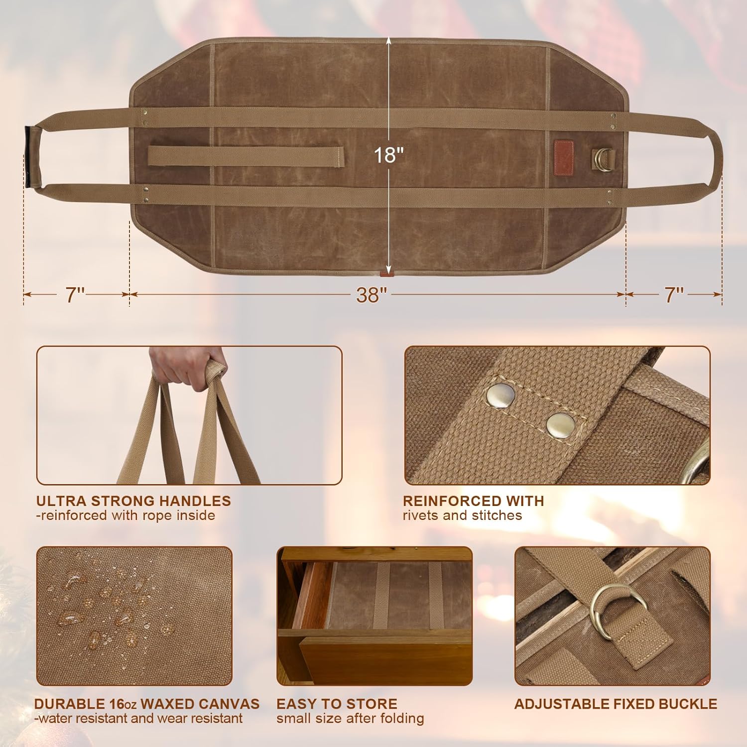 INNO STAGE Canvas Wood Carriers Fire Wood Log Tote Bag, Waxed Canvas Hay Hauling for Fireplace, Round Woodpile Carrying for Tubular Stand by Hearth Stove or Outdoor Camping - Image 2