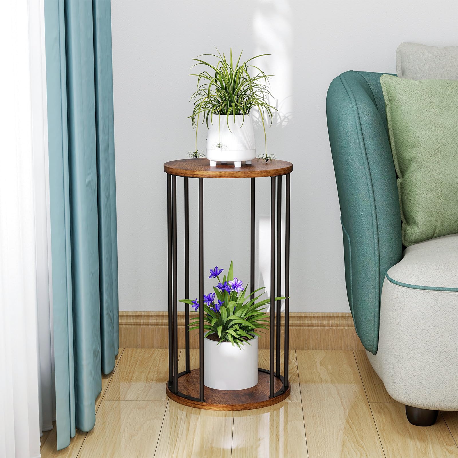 HDANI 3er-Set Rund Pflanzenständer Metall 35/45/55cm,Solider und Robuster Blumenständer für Wohnzimmer, Garten,Balkon, Blumenhocker Holzfür,Vintagebraun-Schwarz