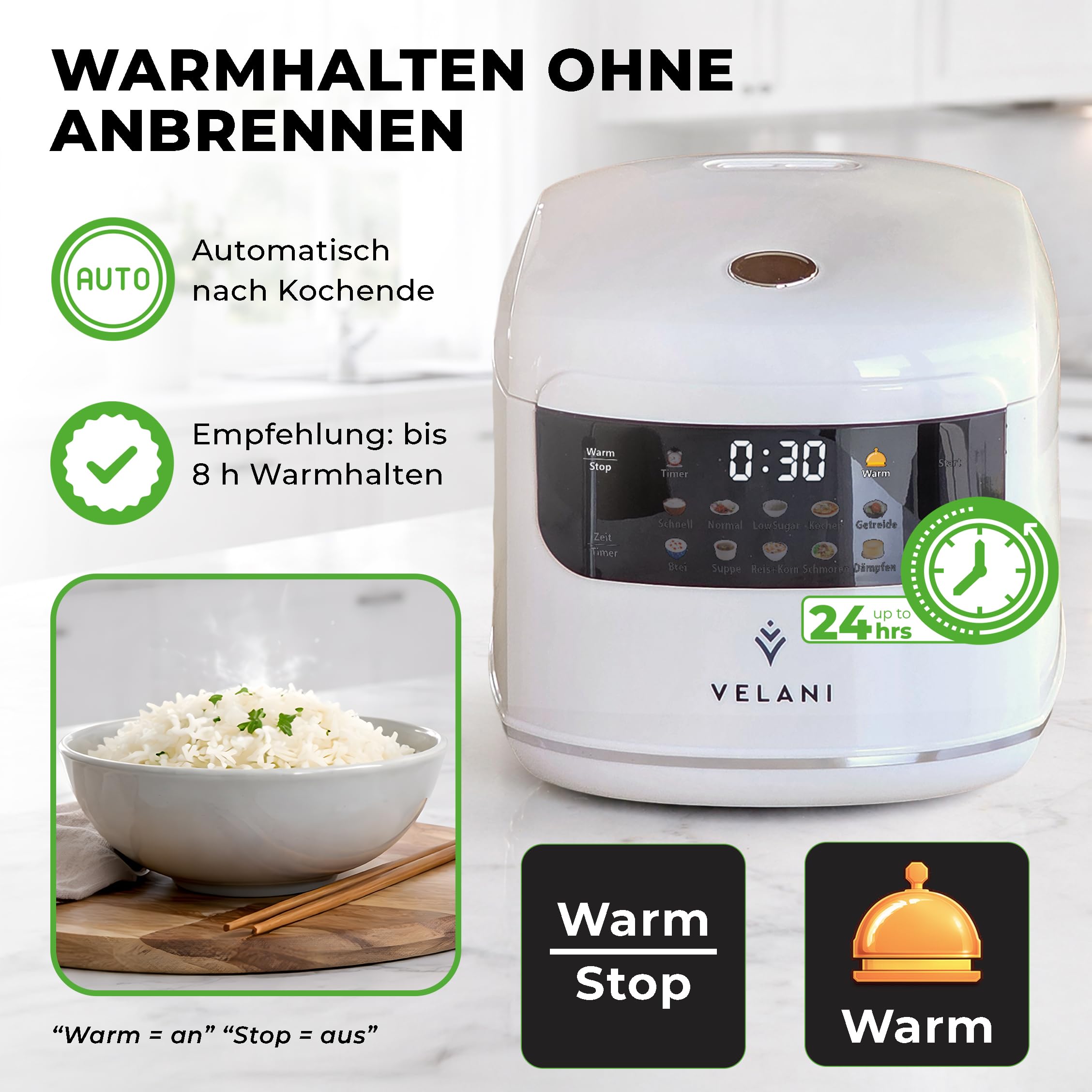 Mini Reiskocher kleiner Multikocher 0,8L 3,5 Cup/1-4 Portionen, 10 Programme für ALLE Reissorten inkl. stärkereduzierter Basmati Vollkorn Getreide Dampfgarer Brei Suppe Schmoren (cremeweiß, 0,8 Liter)