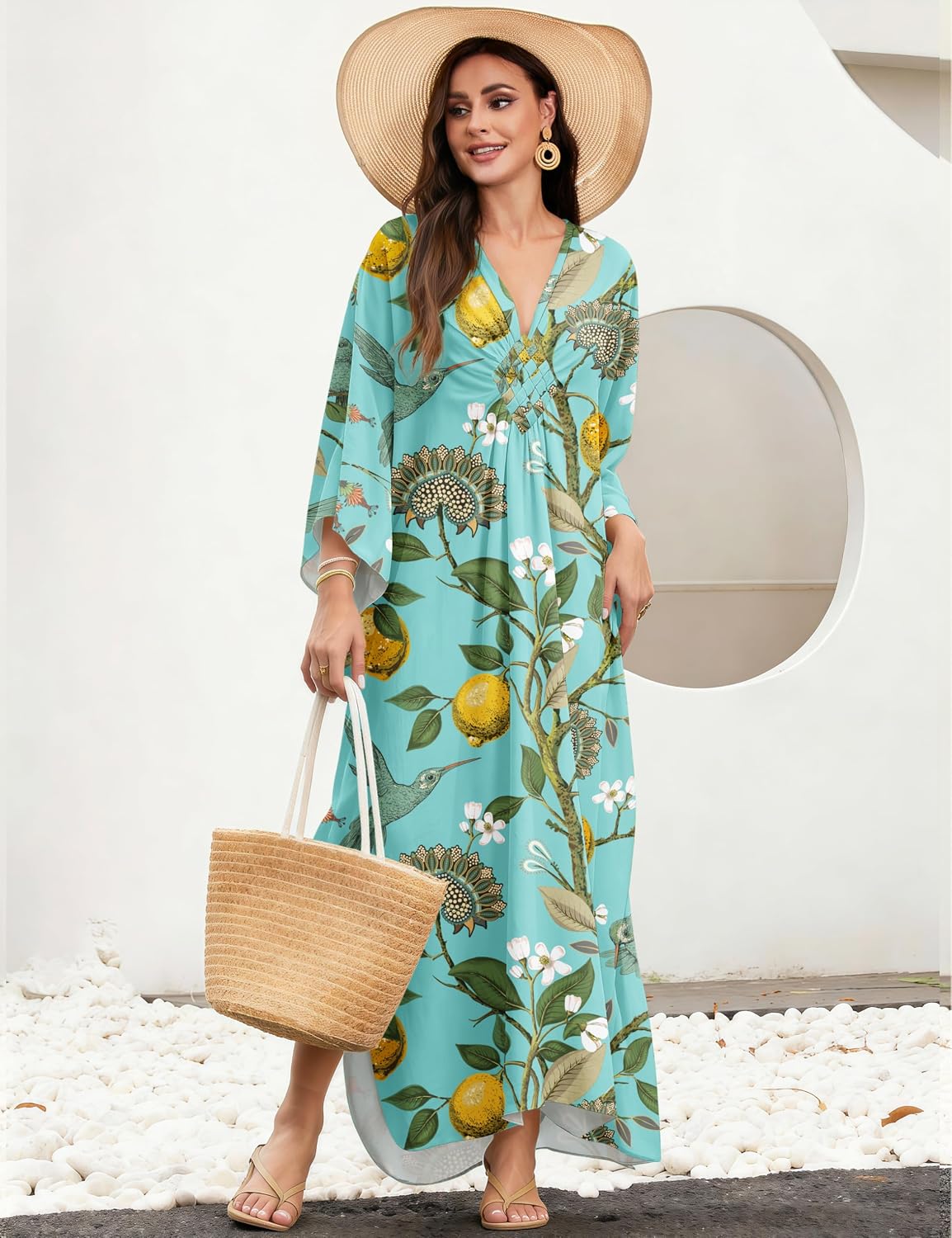 MAKABO Kaftan for Women Dress V Neck Short Sleeve Beach Vacation Bikini Swimsuit Cover Ups Loungewear for Summer