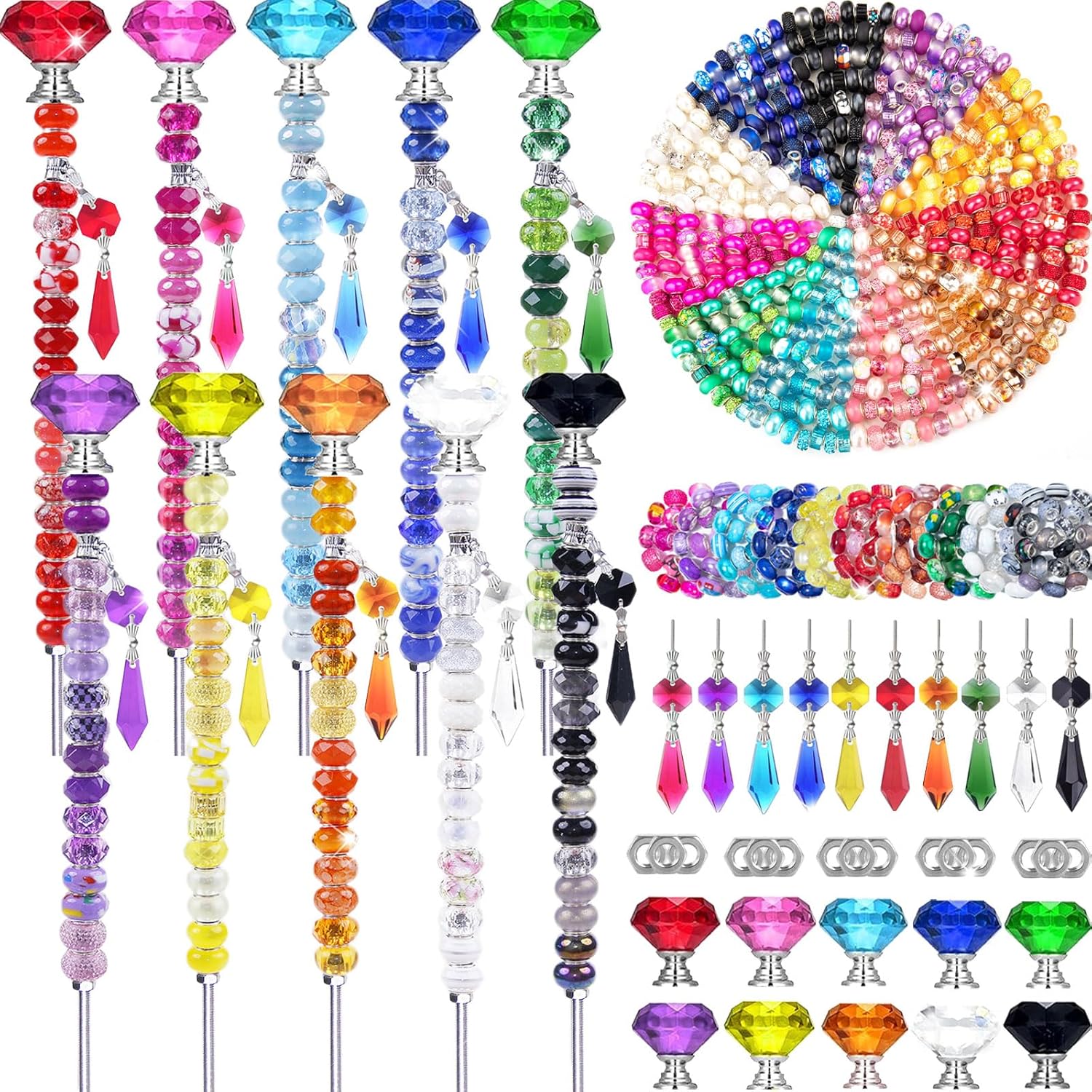 300 Pcs DIY Fairy Wand Beaded Garden Stakes Kit, Fairy Wands Garden Kit Colorful Large Hole Bead with Pendants Crystal Stopper Top Threaded Rod Beaded Garden Stakes Supplies for Outdoor Decorative