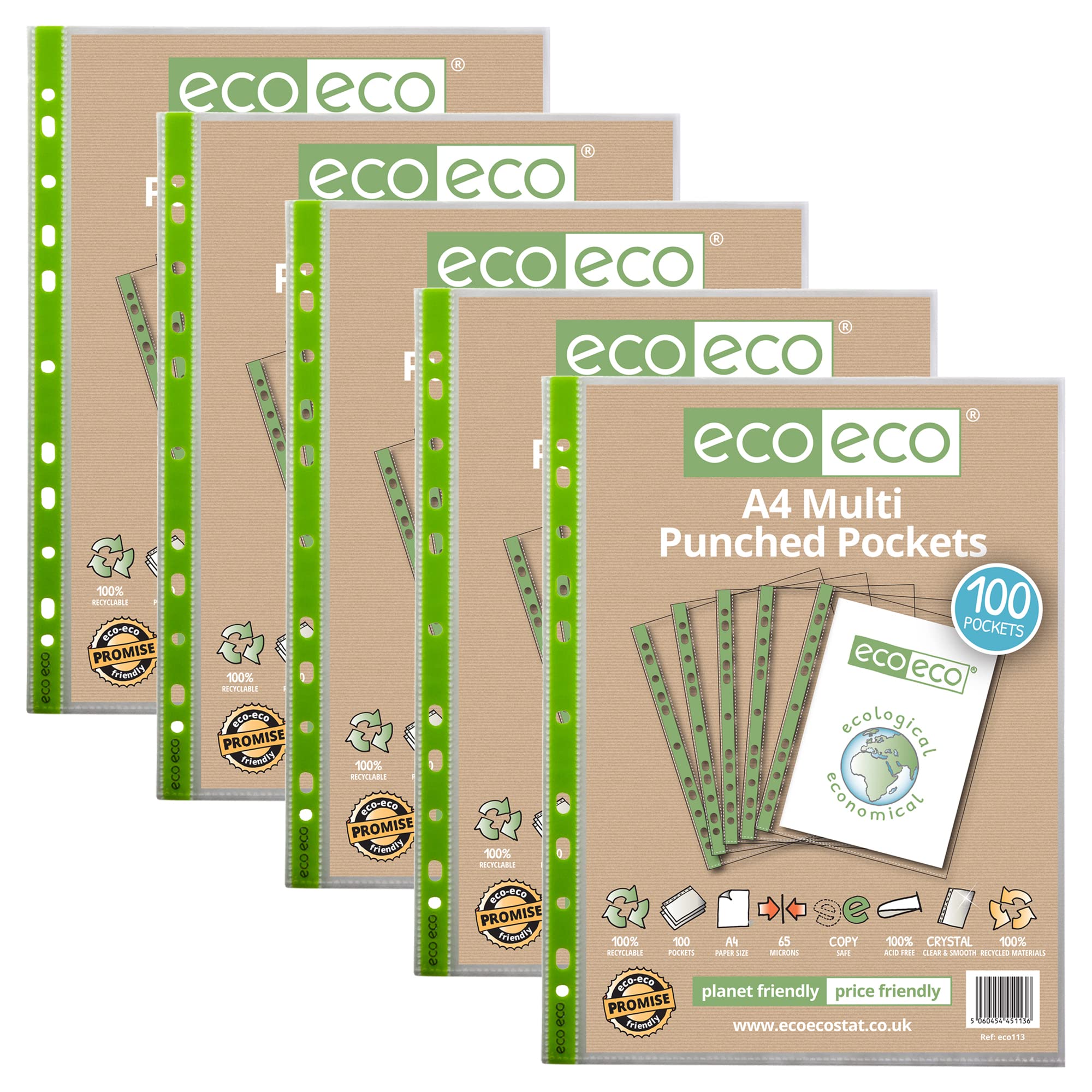 eco-eco A4 100% Recycled Premier Multi Punched Pockets Glass Clear, Transparent Poly Wallet Sheet Protector, 65 Microns (5 Packs of 100), 500 Wallets, eco113x5