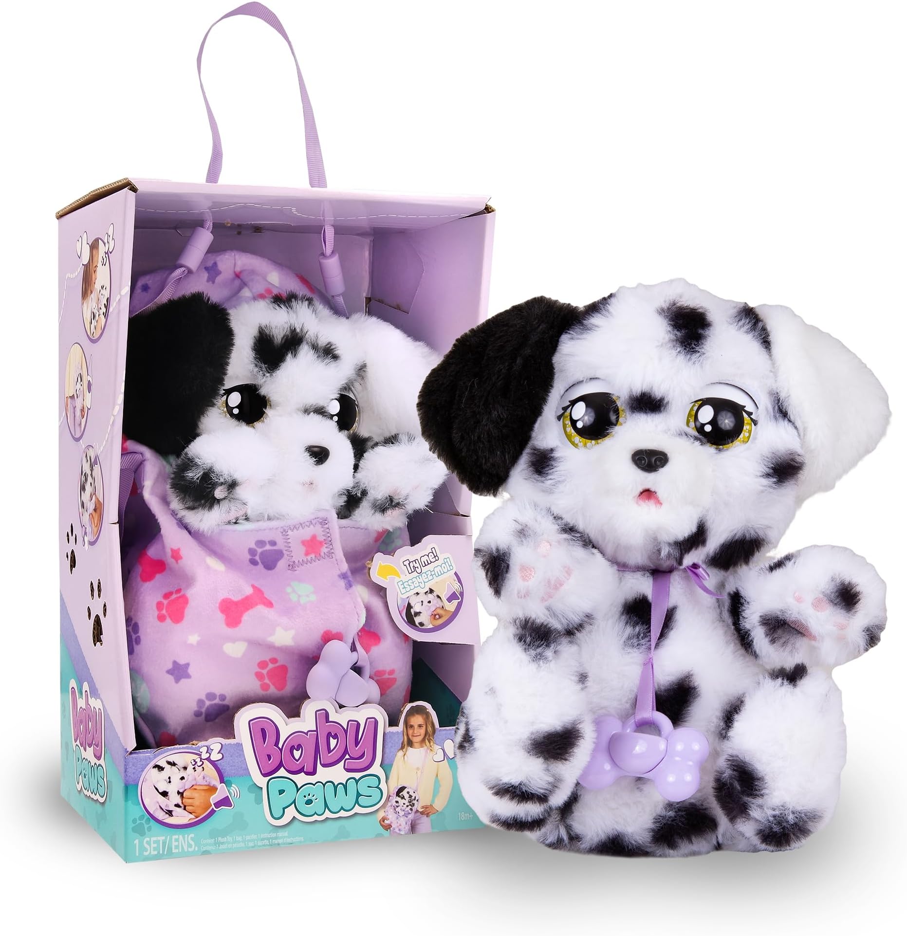 IMC Toys Baby Paws - Dalmatian Puppy with Carrier | Soft and Cuddly Toy Puppy That Make 5 Adorable Sounds for Kids, Ages 4+