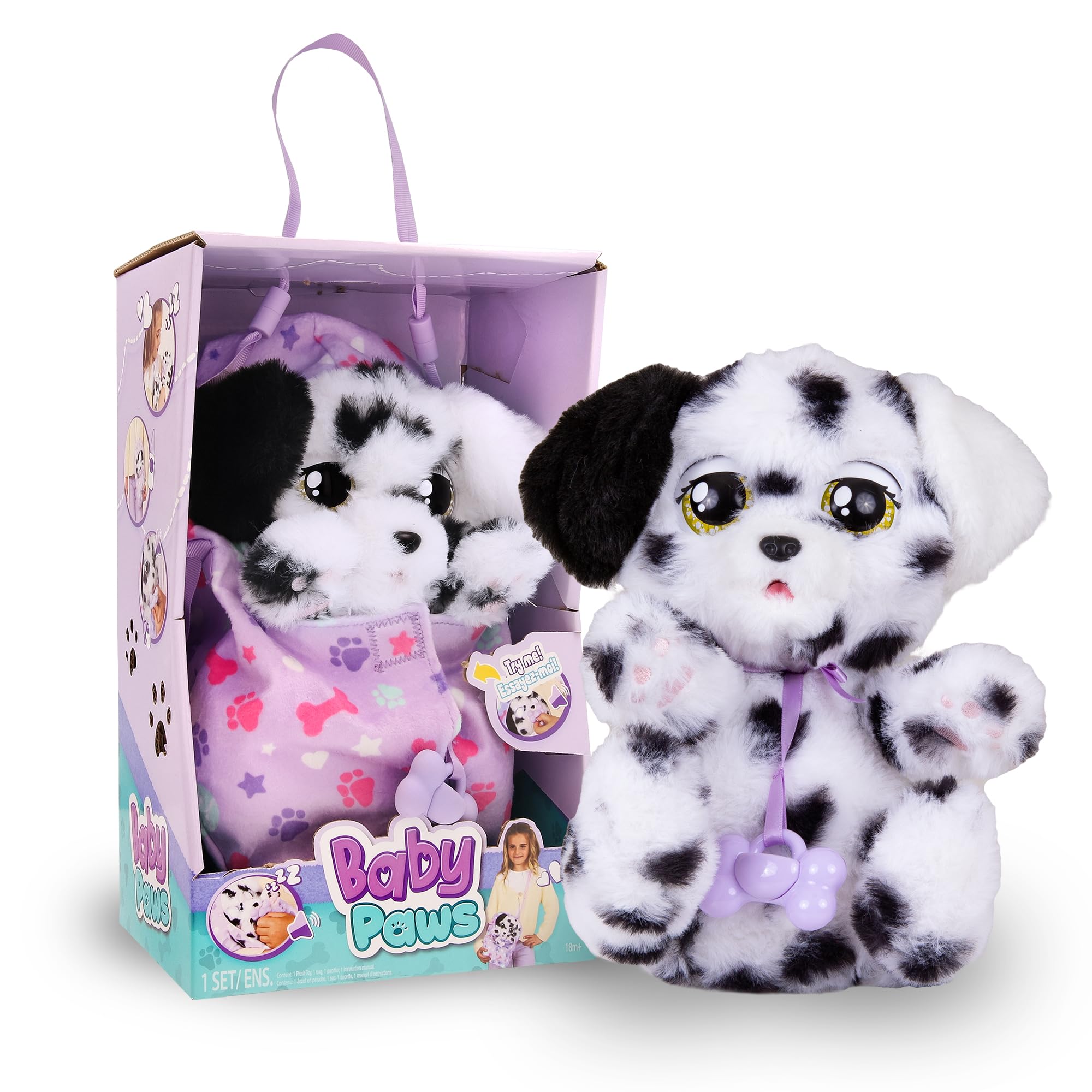 IMC Toys Baby Paws - Dalmatian Puppy with Carrier | Soft and Cuddly Toy Puppy That Make 5 Adorable Sounds for Kids, Ages 4+