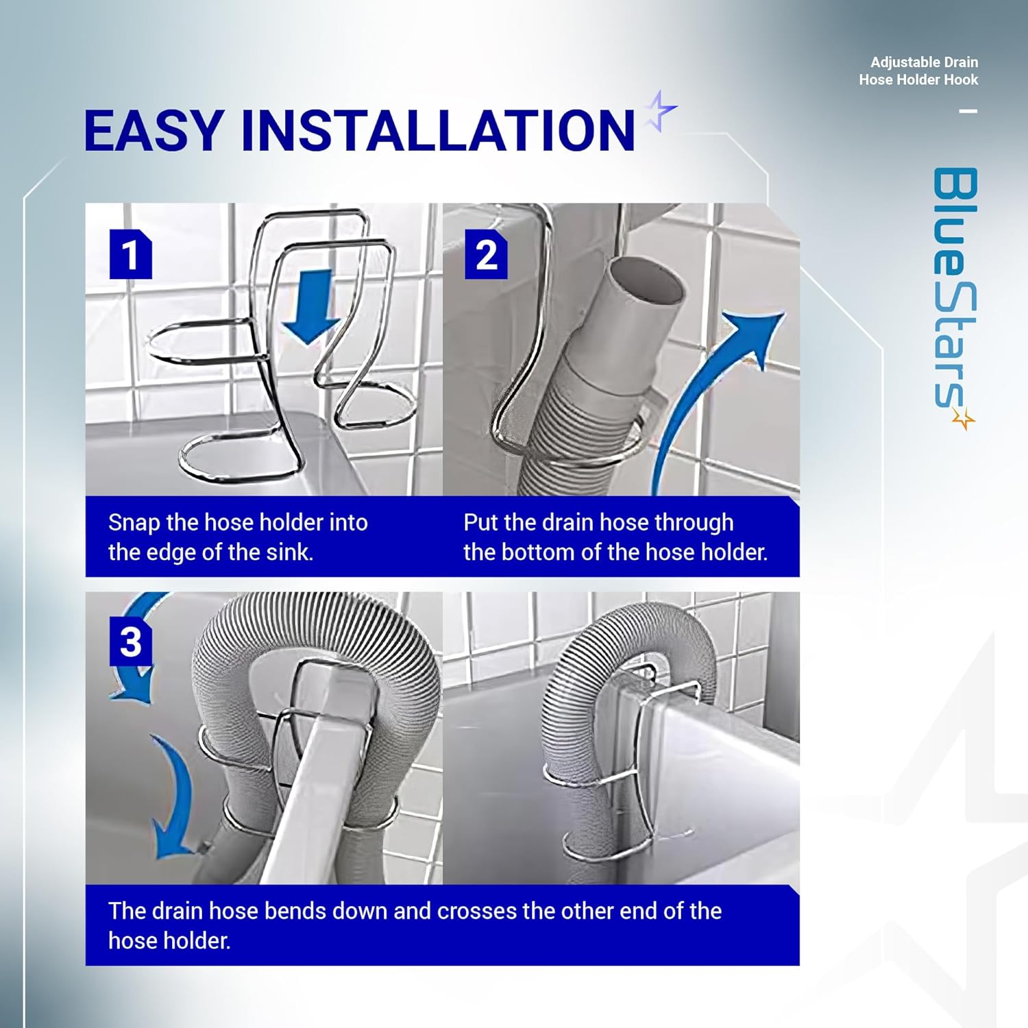 BlueStars Adjustable Drain Hose Holder – Universal Utility Sink Clamp for Washing Machine, Dishwasher, Laundry Tub – Compatible with All Drain Hoses – 304 Stainless Steel