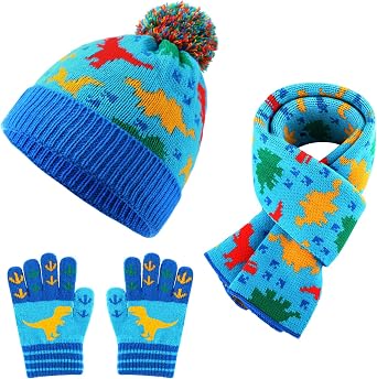 Fourluoo Kids Winter Hat Gloves Scarf Set Dinosaur Children Hat Beanie with Pom Winter Knit Neck Mittens for Boys Toddlers