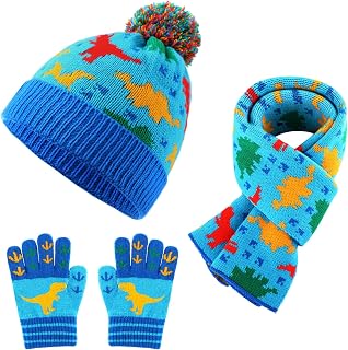 Kids Winter Hat Scarf Gloves Set Dinosaur Knit | Dinosaur Print Children Hat Beanie with Pom, warm Neck Warmer and Knit Mittens for Boys Toddlers, Soft Cold Weather Gear