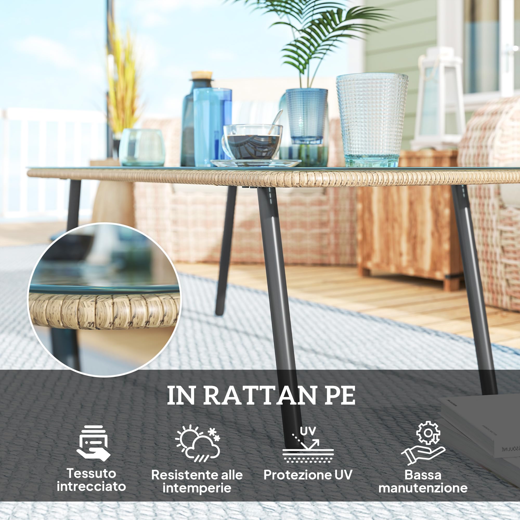 Outsunny Tavolino da Giardino in Rattan PE con Piano in Vetro, Tavolo da Caffè Rettangolare per Esterni ed Interni, 110x60x40 cm, Legno Naturale