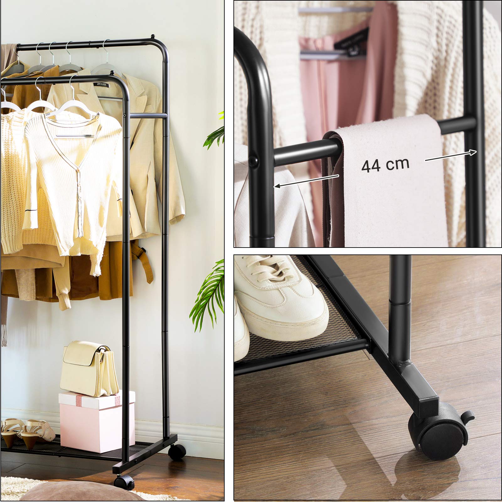 SONGMICS DoubleRail Clothing Rack on Wheels, Metal Garment Rack with