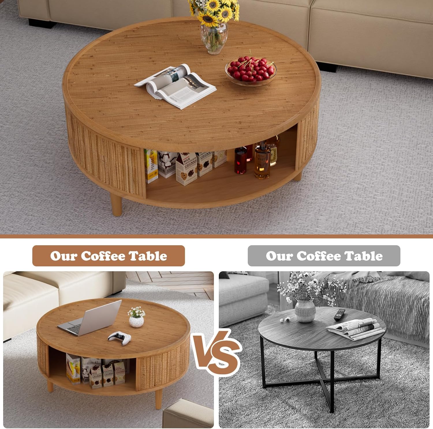 30.5" Modern Round Coffee Table with Storage, Bamboo Weave Coffee Table Boho Wooden Circle Accent Table with 3 Solid Wood Legs, Fluted Center Table for Living Room Apartment (Round 30.5")