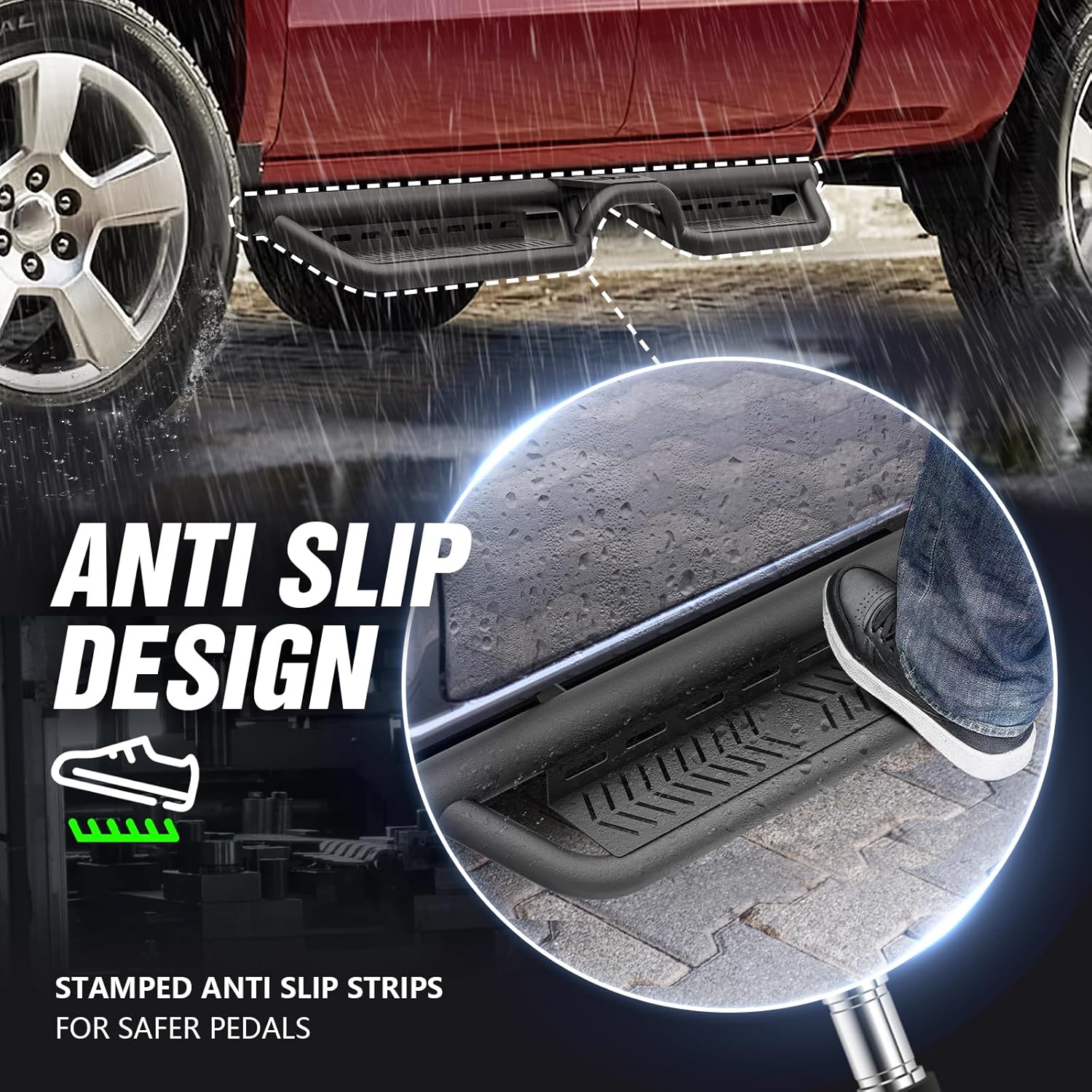 Double Cab Running Boards Side Steps Compatible with 2007-2018 Chevy Silverado & GMC Sierra 1500, 2007-2019 Chevrolet Silverado & GMC Sierra 2500 3500 HD Extended Cab, (Two Stairs-Star Logo)