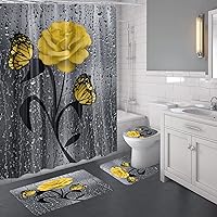 Vista 4 de Juego de 4 cortinas de ducha de flores amarillas con alfombras antideslizantes y cubierta para tapa de inodoro, decoración floral de mariposa