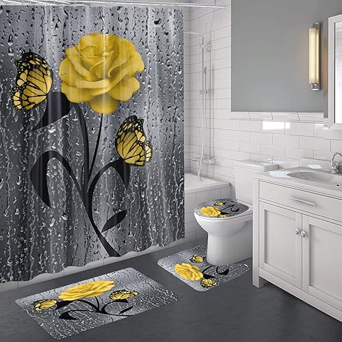 Miniatura 4 de Juego de 4 cortinas de ducha de flores amarillas con alfombras antideslizantes y cubierta para tapa de inodoro, decoración floral de mariposa,