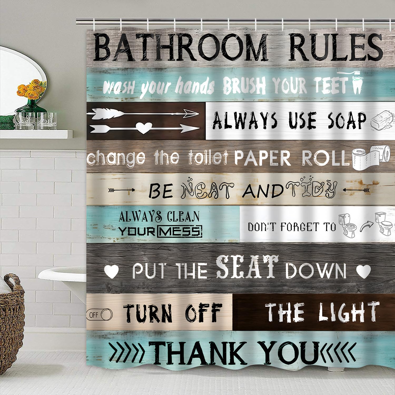 AZHM Juego de cortinas de ducha con citas inspiradoras para baño, 4 piezas, diseño de retazos marrón y verde azulado, juego de decoración de accesorios de baño con cortina de ducha y alfombras