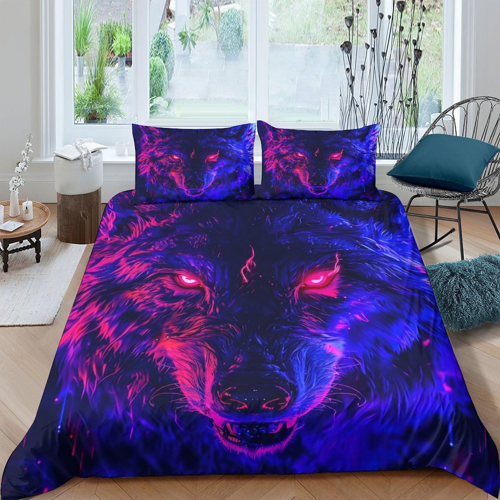 Ctjqhvkz Style-8 3D Printed Neon Wolf Fitted Sheet Microfiber Soft Breathable Purple Blue Flame Bed Cover For Bedroom Guestroom Decor Single（135X200cm）