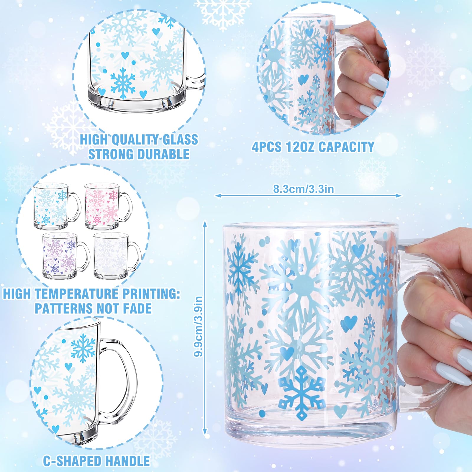 Whaline 4 tazze da caffè natalizie in vetro con manico con fiocco di neve invernale tazze da caffè tazze per bevande calde fredde acqua tè latte