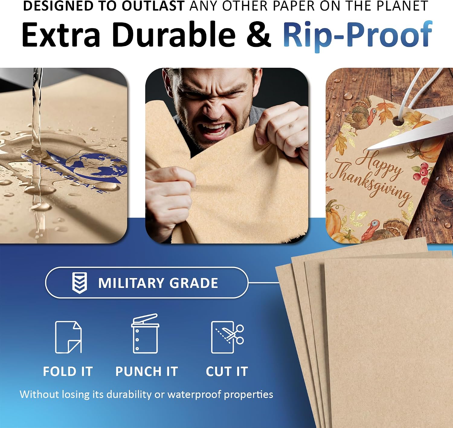 TerraSlate Waterproof Paper, Rip-Proof Colored Paper, Kraft 50 Sheets, 8 Mil (80lb Cover), 8.5” x 14”, Laser Printer and Copy Machine Compatible