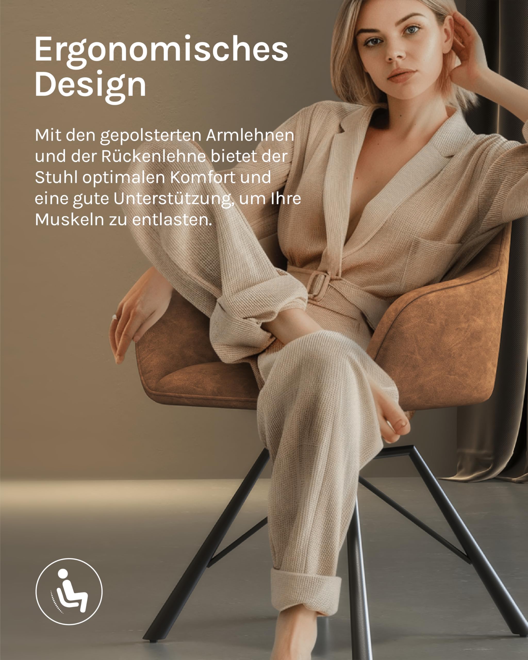 WOLTU Esszimmerstühle drehbar 4er Set, Küchenstuhl, Polsterstuhl, Drehstuhl, bequemer Stuhl mit Armlehnen Rückenlehne, Armlehnenstuhl für Esszimmer Wohnzimmer, mit Kunstlederbezug, Hellbraun