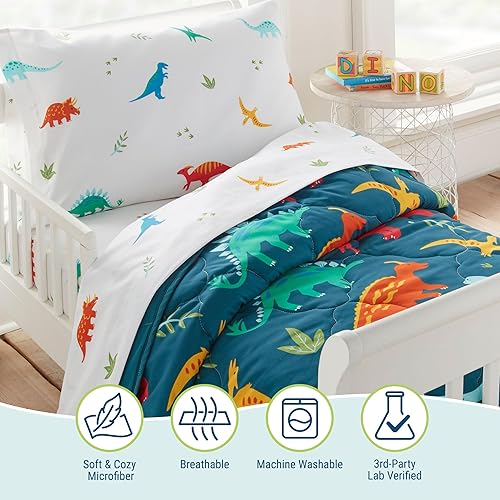 Vista 2 de Wildkin Cama para niños pequeños en una bolsa, juego de ropa de cama de microfibra de 4 piezas con edredón, funda de almohada y sábanas, dinosaurios