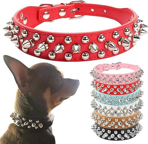 Collar de perro con pinchos, de piel sintética suave, color rojo, con forma de hongos, remaches, tachuelas, collar ajustable para perros pequeños,