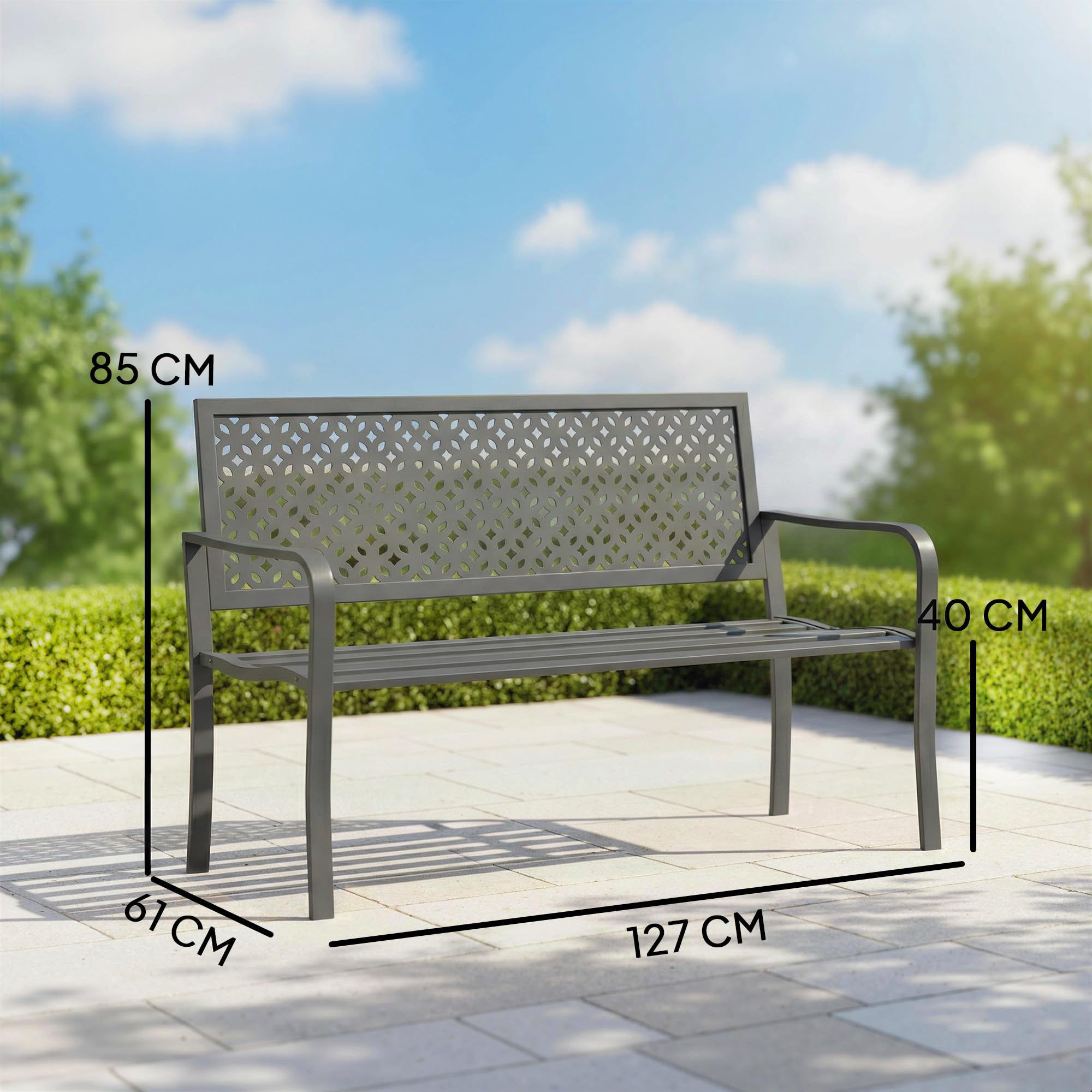 Outsunny Banc d'extérieur en métal, Banc 2 Places avec Dossier géométrique antirouille et accoudoirs, siège de Patio pour Balcon, terrasse, Parc, Gris foncé