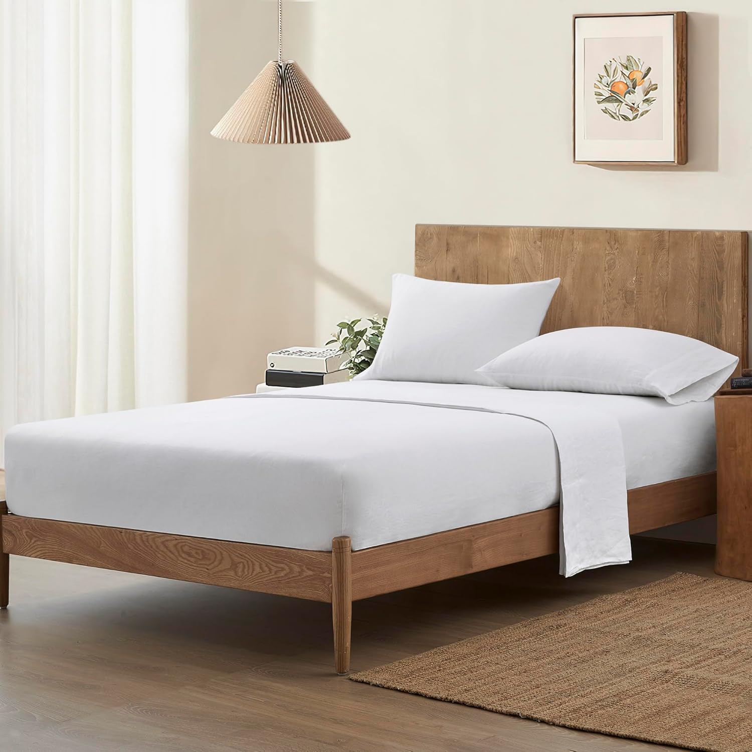 ATLINIA 100% Linen Fitted Sheet Mattress Cover - 1 Piece Stone Washed 15 Inch Deep Pocket Made from French Pure Flax Breathable Farmhouse Bedding(White,Queen)