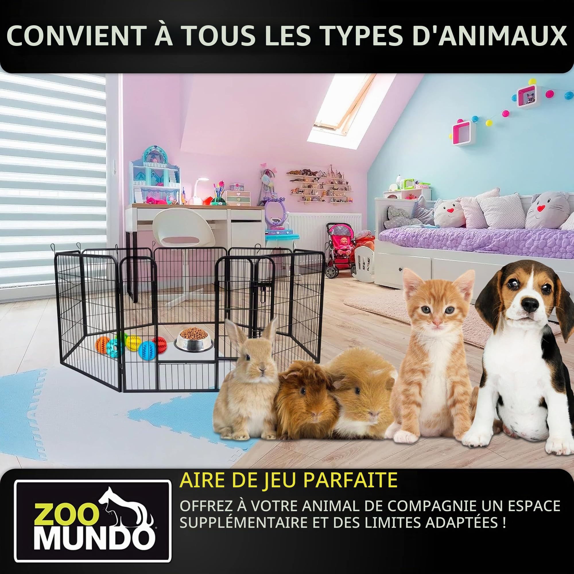 zoomundo Parc Enclos 100cm Haute pour Chiens Métal pour Chiots Animaux Grillage Rongeur Petit avec Porte 8 Panneaux - XL