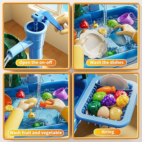 Miniatura 4 de Mesa de agua para niños pequeños de 1 a 3 años, fregadero de juegos para niños con bomba y agua corriente, mesa de agua para niños de 4 a 8 años con