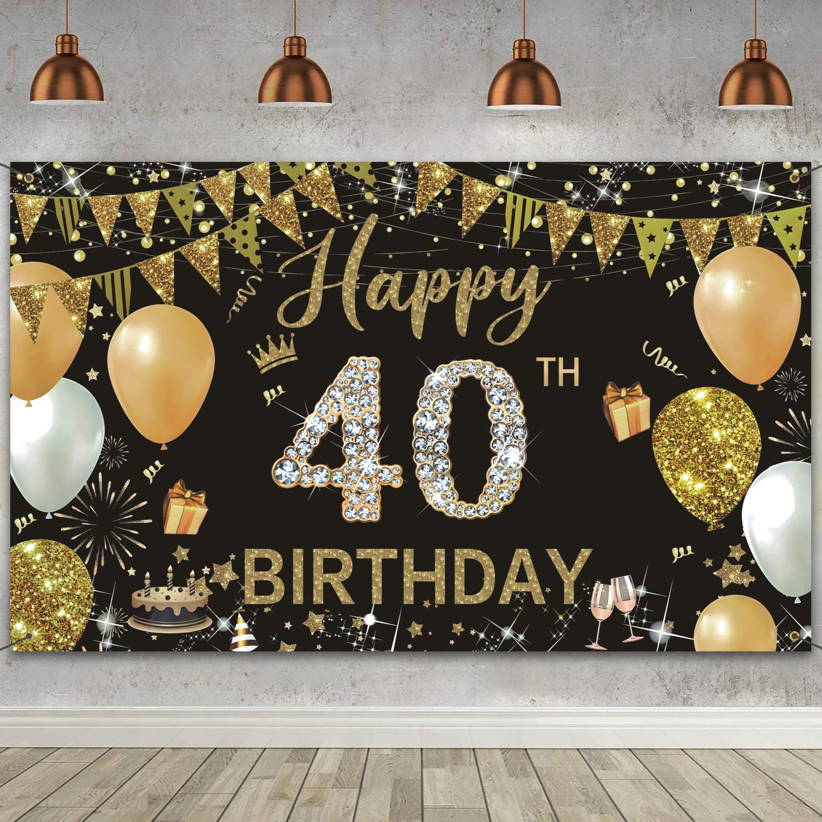 WVMNQO Happy Birthday Banner, 40th Birthday Decorations Backdrop, Extra Large Black Gold Party Decorations, Perfect Birthday Party Supplies Photography Background for Men, and Women, 6x3.6ft