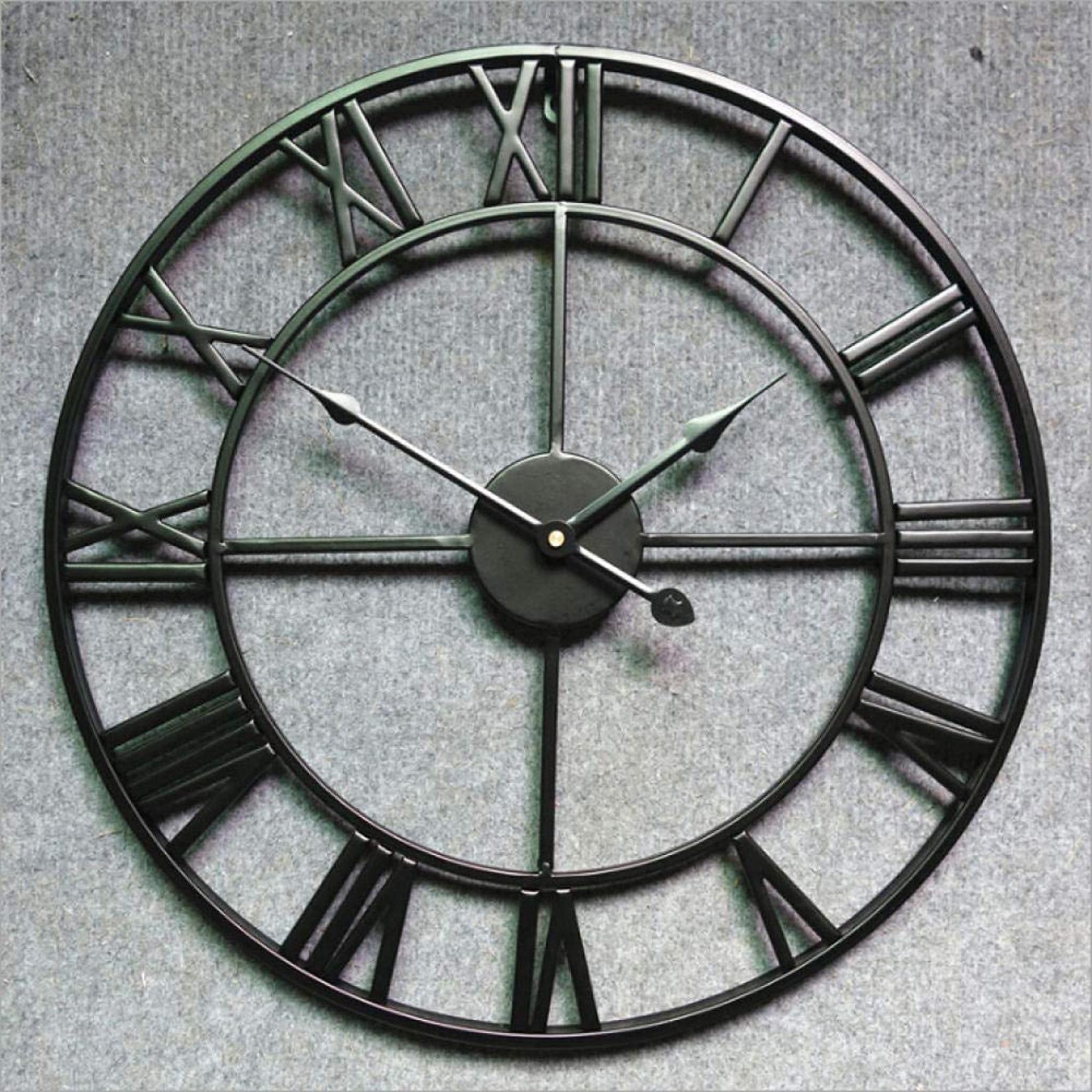 Horloge murale de jardin extérieur grand format 60cm en métal chiffres romains noir et doré