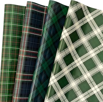 LeZakaa Christmas Green Wrapping Paper, 12 Folded Sheet with 4 Different Tartan Plaid Design for New Year Celebrations Holiday Gift Wrapping, 27.5 x 19.6 inches Per Sheet